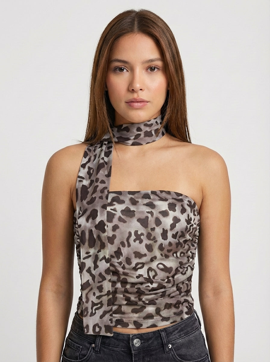 BLUSA AMARA DE TUL CON ESTAMPADO LEOPARDO