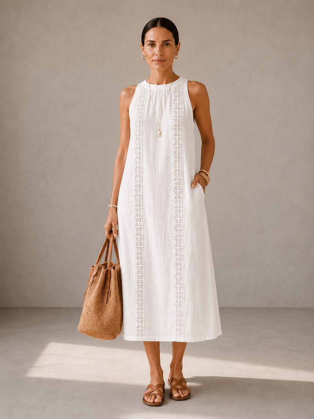 JIMENA | VESTIDO MIDI DE LINO CON CUELLO MAO