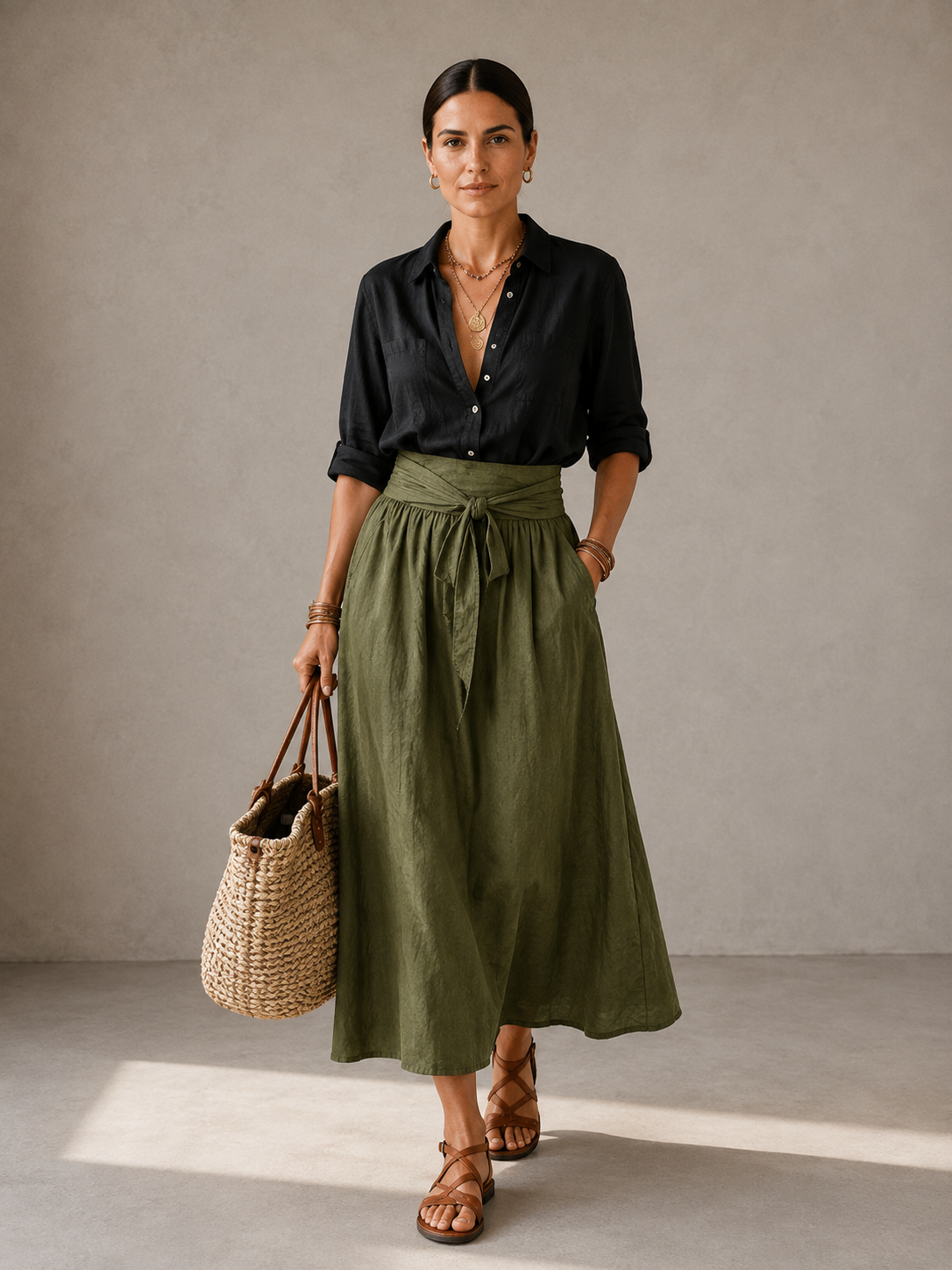 VIDA CONJUNTO ELEGANTE DE DOS PIEZAS CON BLUSA NEGRA Y FALDA MIDI