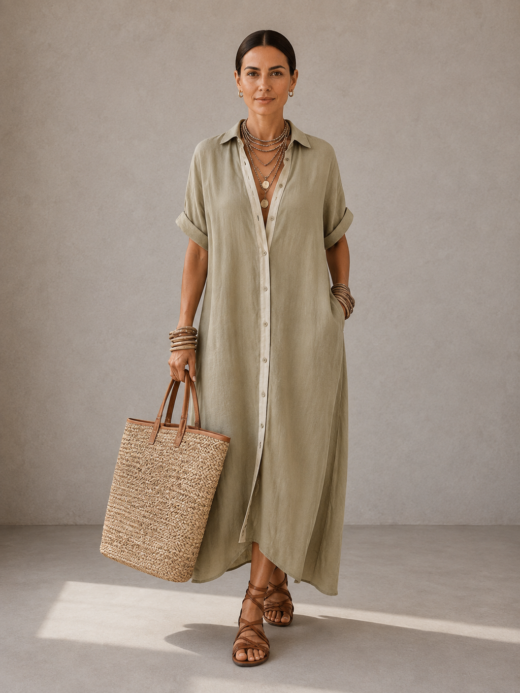 MEGAN VESTIDO MAXI VERDE OLIVA DE LÍNEAS MINIMALISTAS