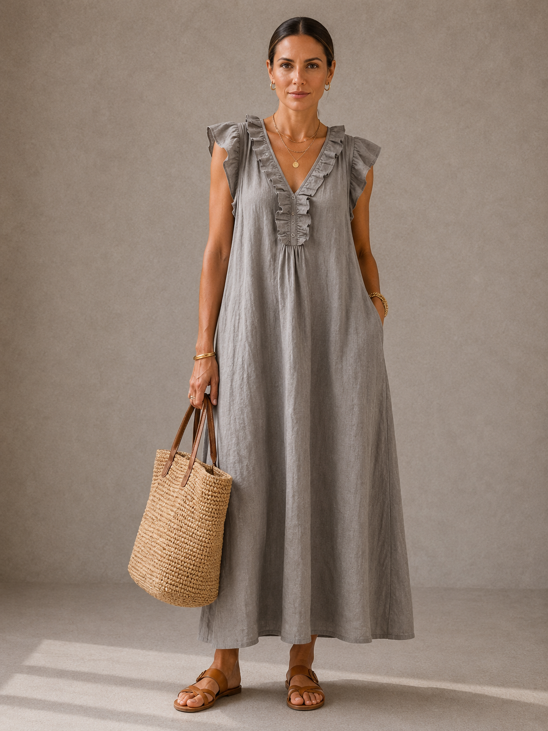ANITA | VESTIDO LARGO CON CUELLO EN V Y VOLANTES
