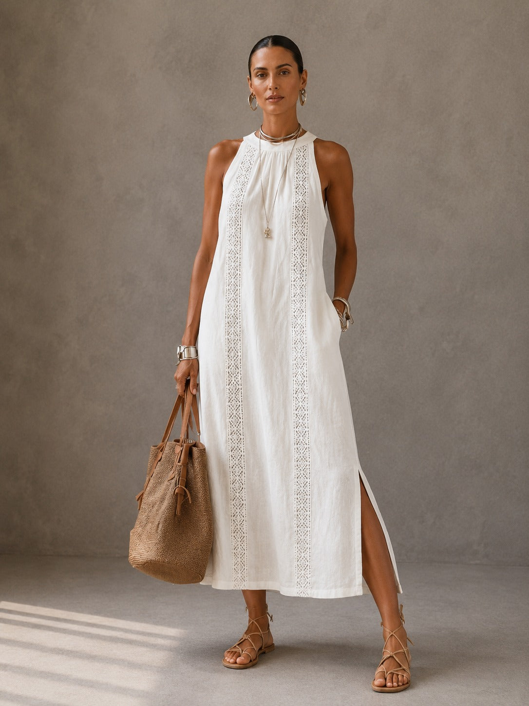 JIMENA | VESTIDO MIDI DE LINO CON CUELLO MAO