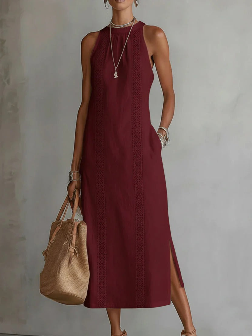 JIMENA | VESTIDO MIDI DE LINO CON CUELLO MAO