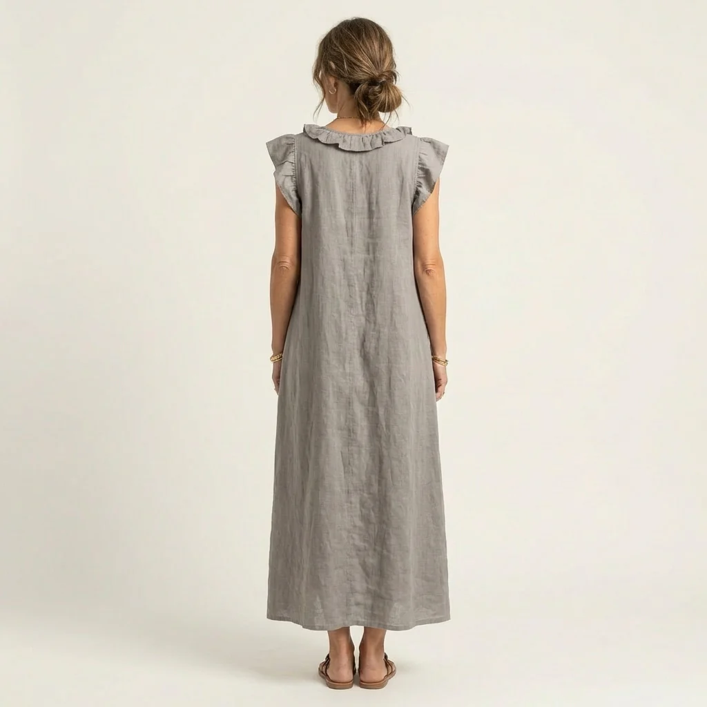 ANITA | VESTIDO LARGO CON CUELLO EN V Y VOLANTES