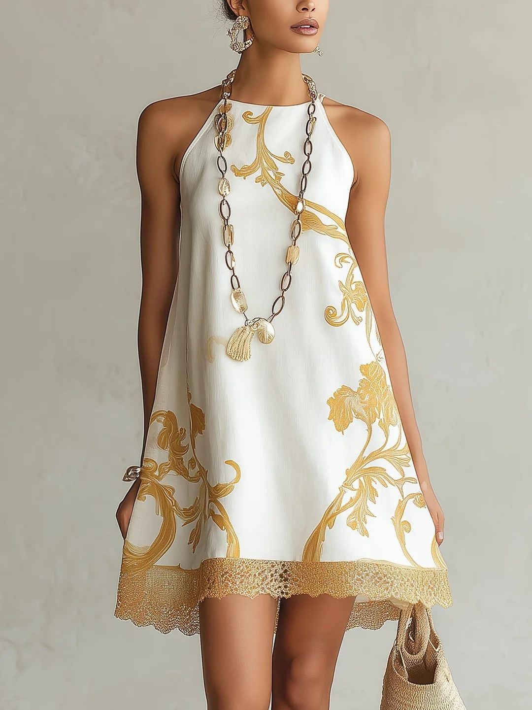 HELOISA | MINI VESTIDO BLANCO DE ENCAJE CON ESTAMPADOS DORADOS