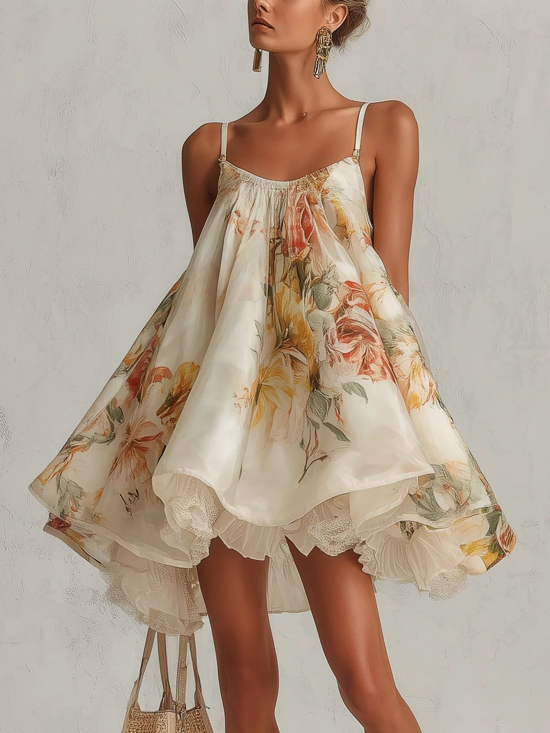 VESTIDO CORTO TRAPECIO DE ORGANZA FLORAL