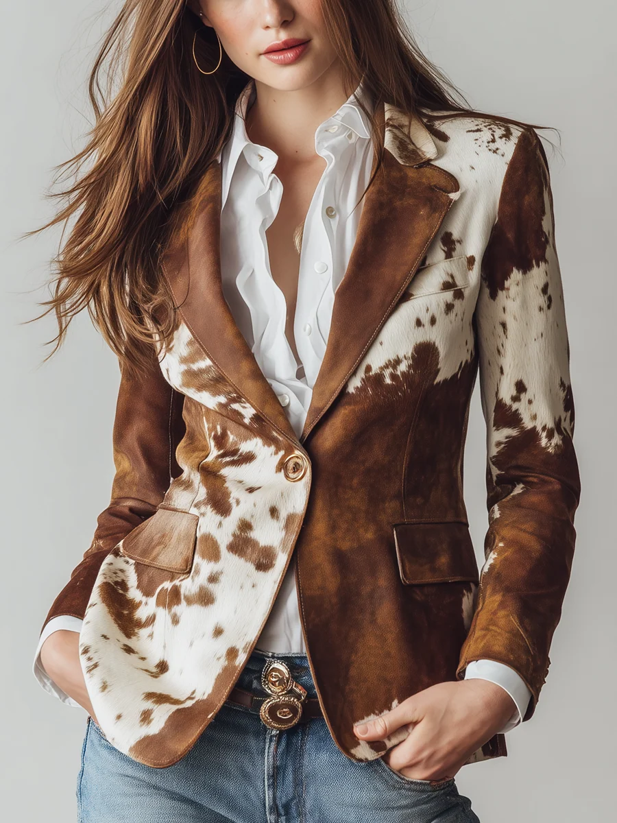 Blazer ecológico vintage con estampado de vaca para mujer