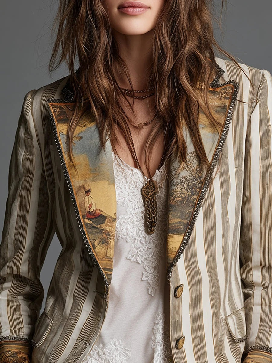 Blazer de mujer estilo boho con estampado de rayas y solapa.