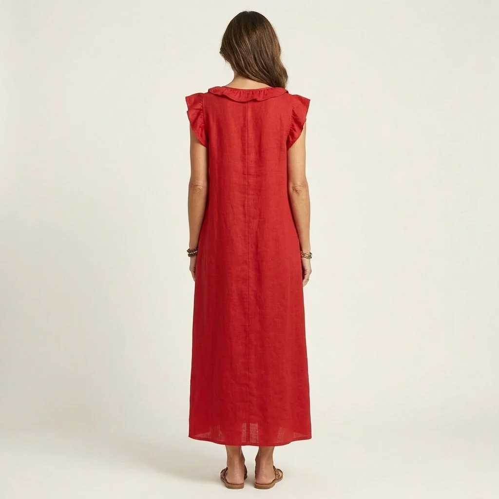 ANITA | VESTIDO LARGO CON CUELLO EN V Y VOLANTES