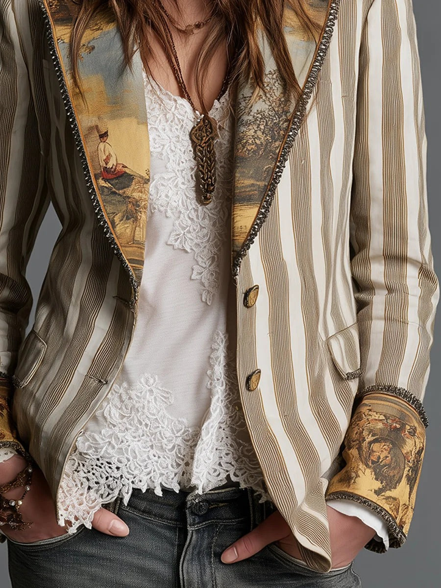 Blazer de mujer estilo boho con estampado de rayas y solapa.