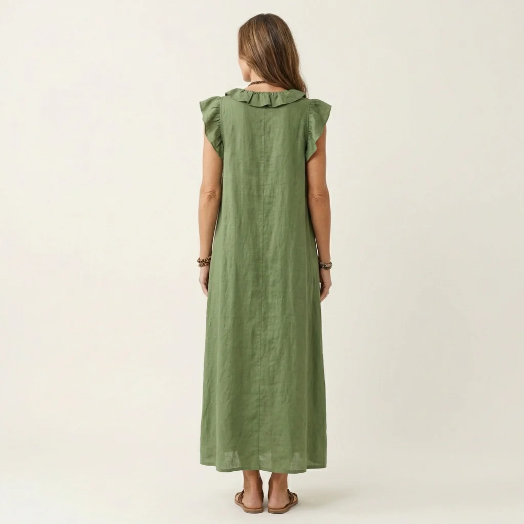 ANITA | VESTIDO LARGO CON CUELLO EN V Y VOLANTES