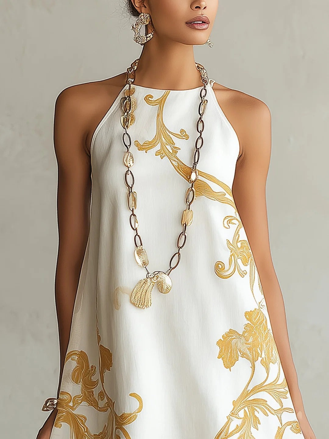 HELOISA | MINI VESTIDO BLANCO DE ENCAJE CON ESTAMPADOS DORADOS