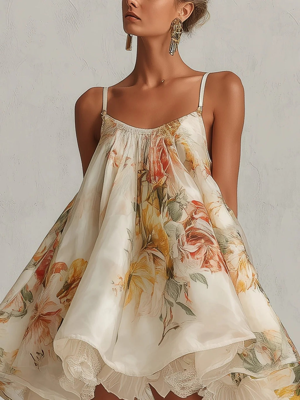 VESTIDO CORTO TRAPECIO DE ORGANZA FLORAL