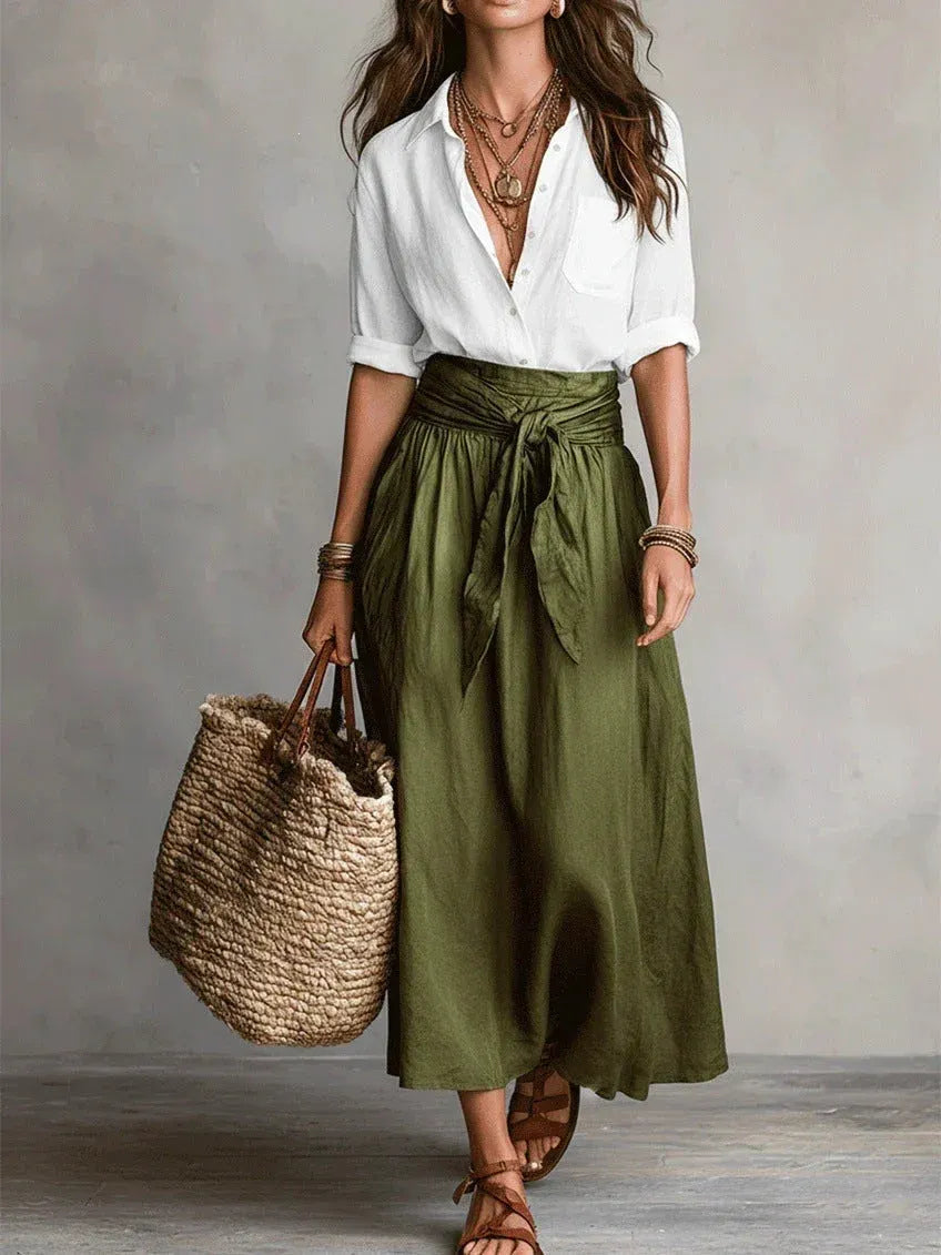 VIDA CONJUNTO ELEGANTE DE DOS PIEZAS CON BLUSA NEGRA Y FALDA MIDI