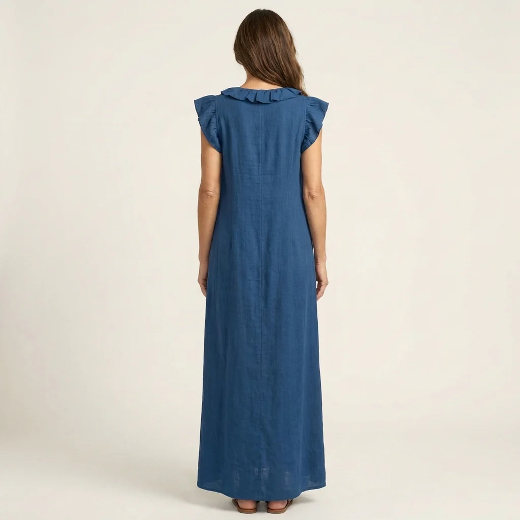 ANITA | VESTIDO LARGO CON CUELLO EN V Y VOLANTES