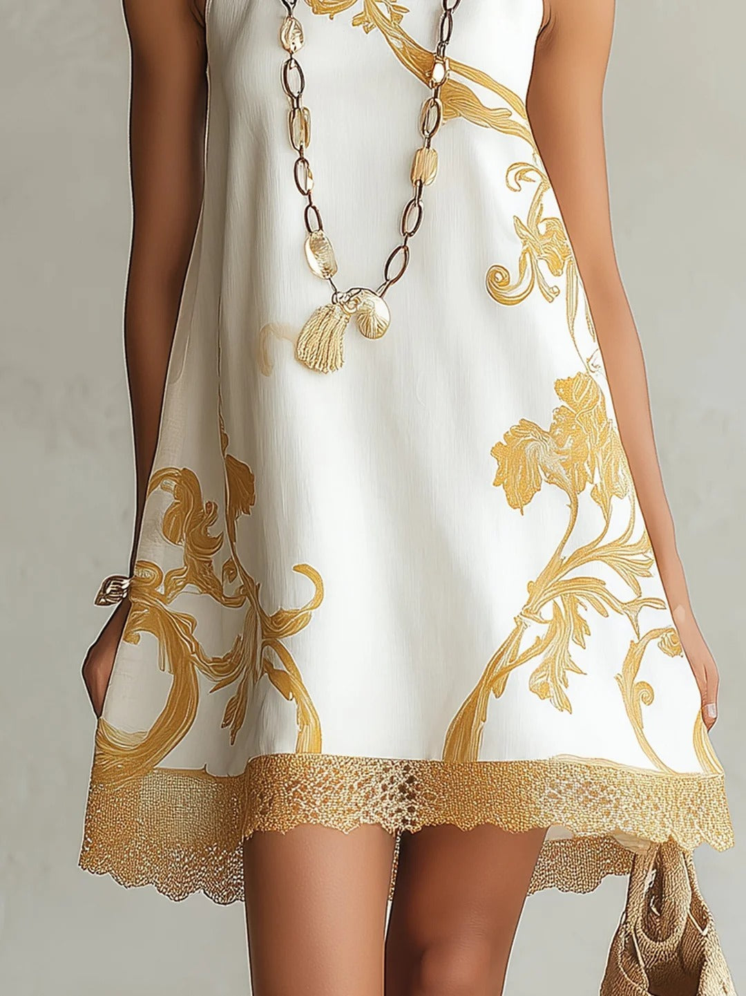 HELOISA | MINI VESTIDO BLANCO DE ENCAJE CON ESTAMPADOS DORADOS