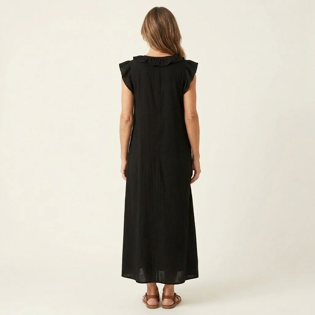 ANITA | VESTIDO LARGO CON CUELLO EN V Y VOLANTES