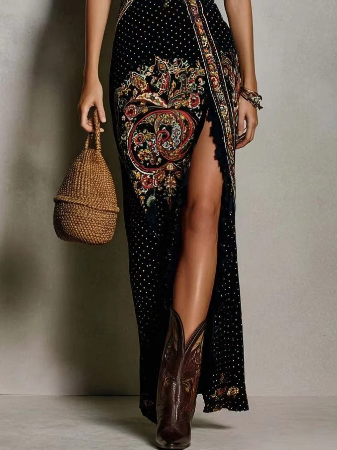 VESTIDO ESTAMPADO DE ESTILO BOHEMIO CON ESCOTE EN V PROFUNDO Y ABERTURA ALTA