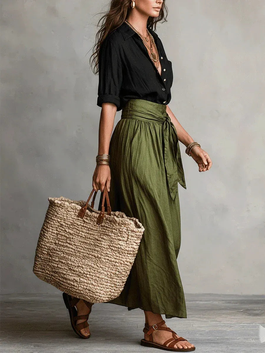 VIDA CONJUNTO ELEGANTE DE DOS PIEZAS CON BLUSA NEGRA Y FALDA MIDI