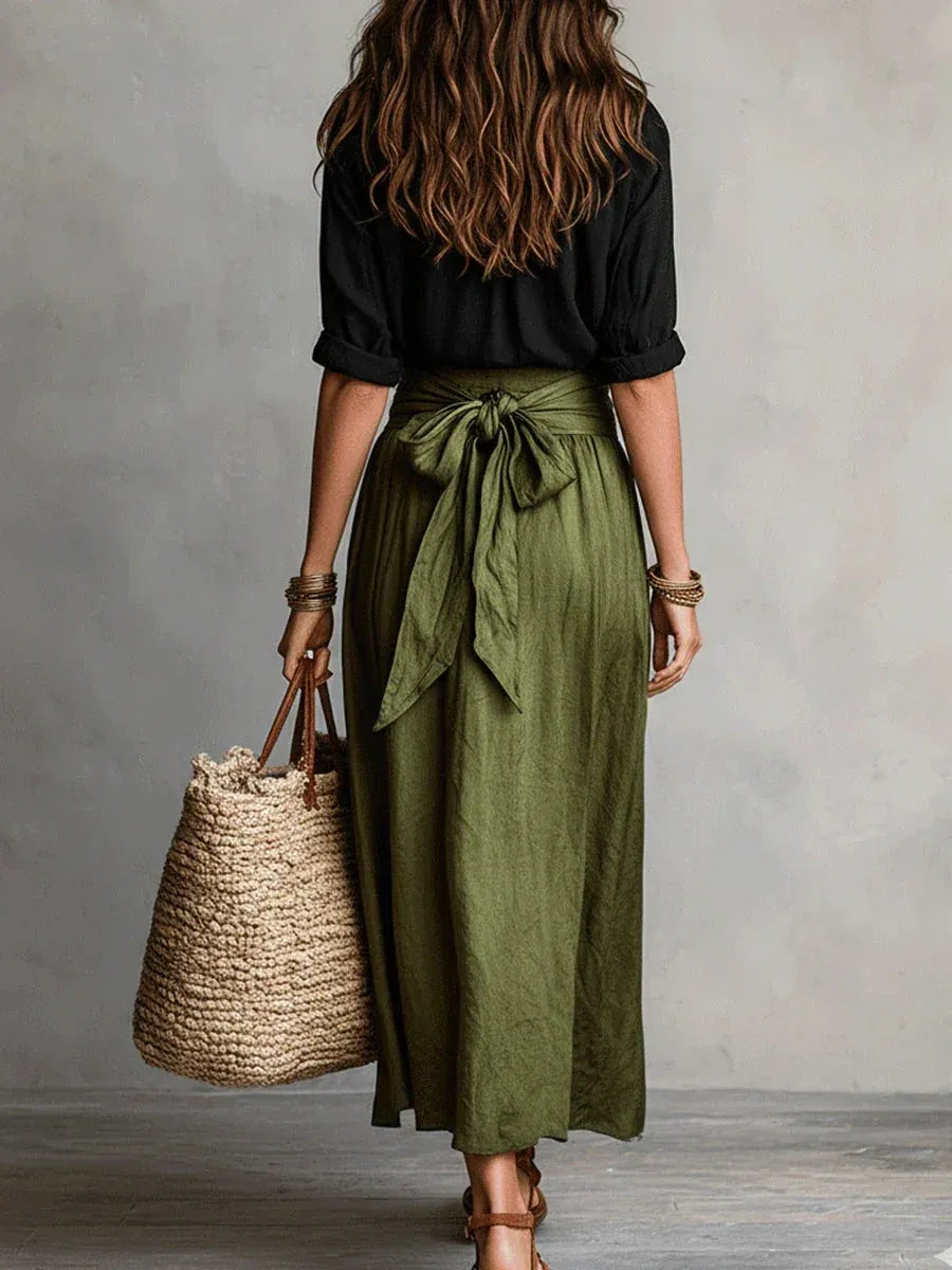 VIDA CONJUNTO ELEGANTE DE DOS PIEZAS CON BLUSA NEGRA Y FALDA MIDI