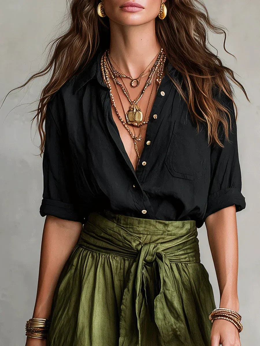 VIDA CONJUNTO ELEGANTE DE DOS PIEZAS CON BLUSA NEGRA Y FALDA MIDI