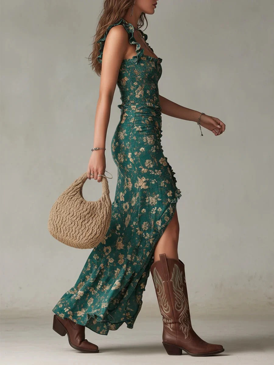 VESTIDO LARGO BOHEMIO VERDE ESTAMPADO CON MANGAS CON VOLANTES.