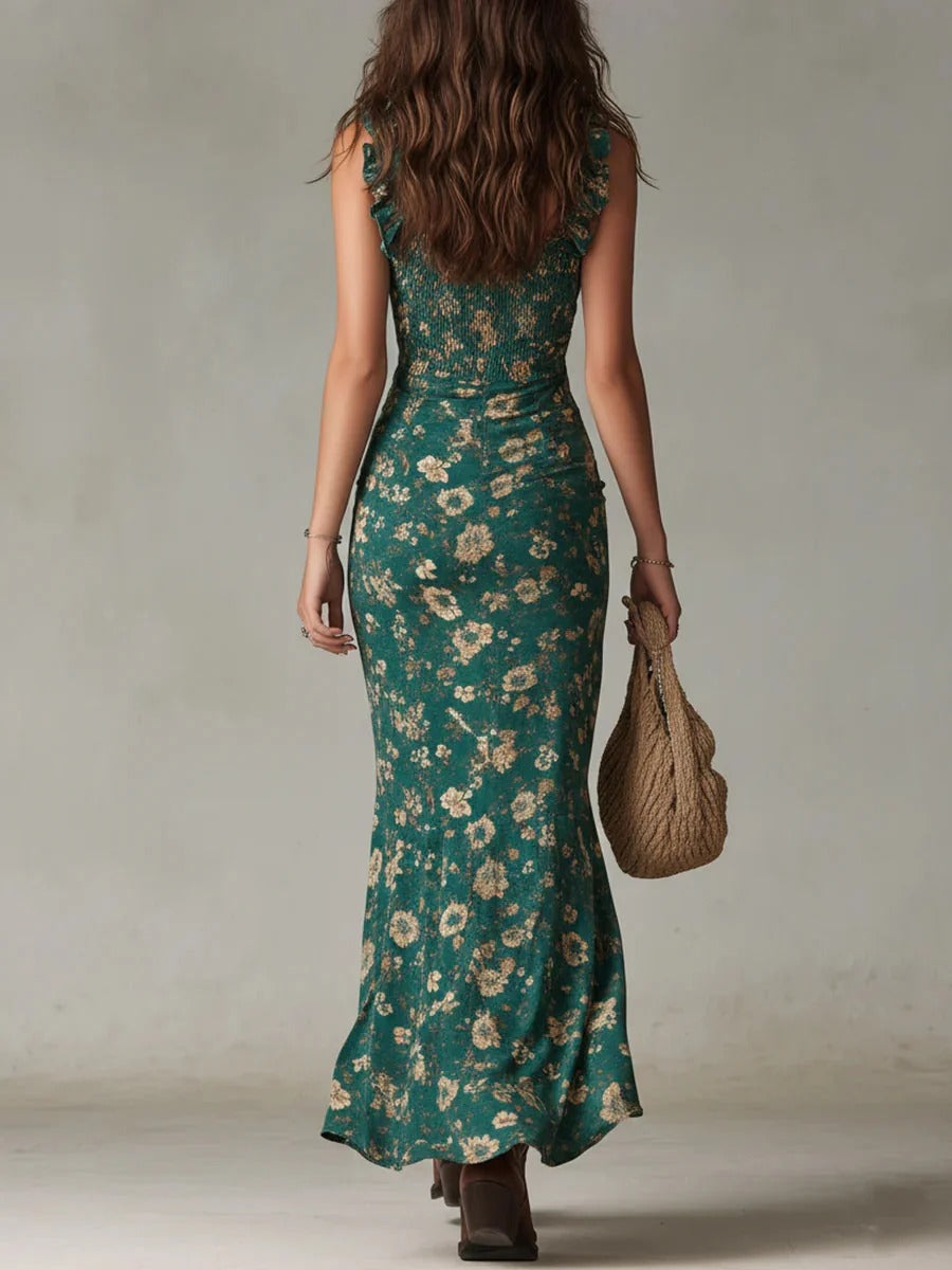 VESTIDO LARGO BOHEMIO VERDE ESTAMPADO CON MANGAS CON VOLANTES.