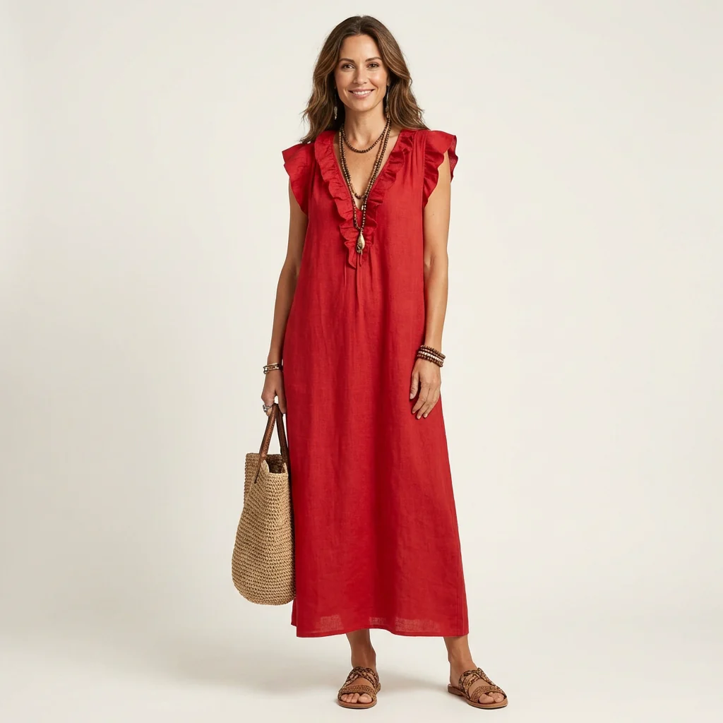 ANITA | VESTIDO LARGO CON CUELLO EN V Y VOLANTES
