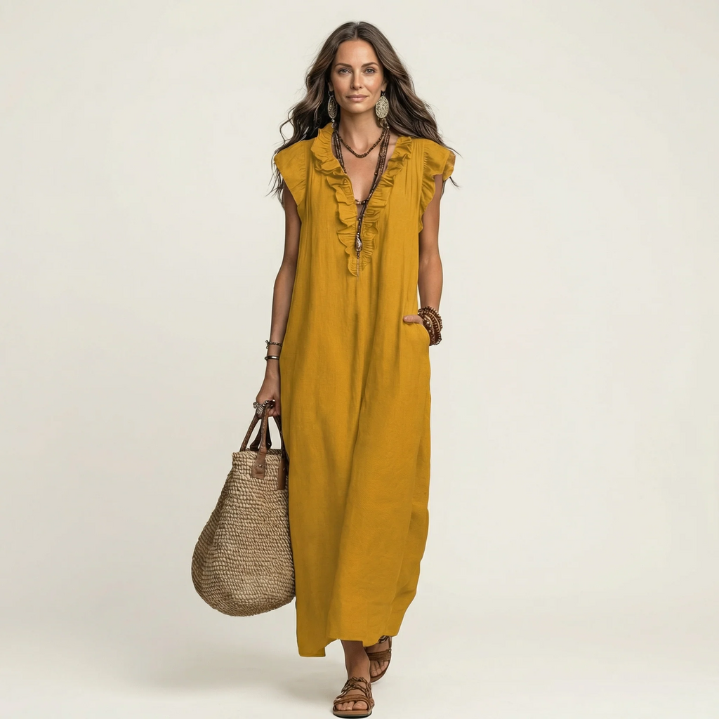ANITA | VESTIDO LARGO CON CUELLO EN V Y VOLANTES