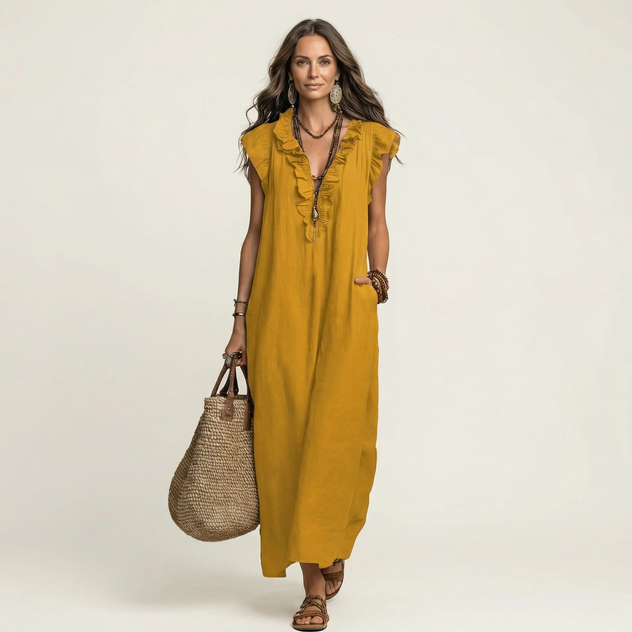 ANITA | VESTIDO LARGO CON CUELLO EN V Y VOLANTES