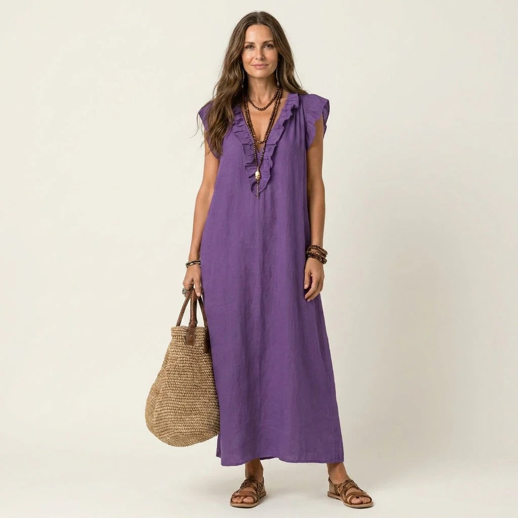 ANITA | VESTIDO LARGO CON CUELLO EN V Y VOLANTES
