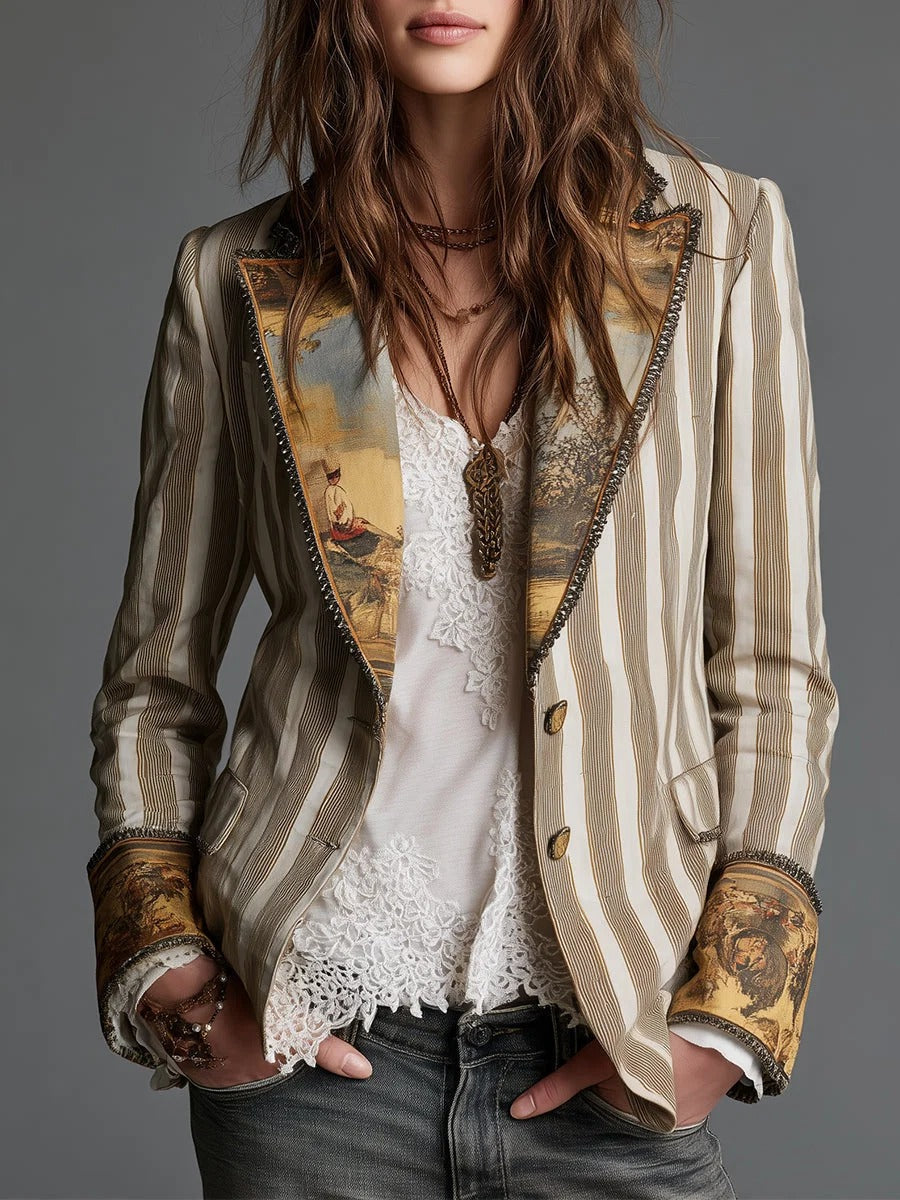Blazer de mujer estilo boho con estampado de rayas y solapa.