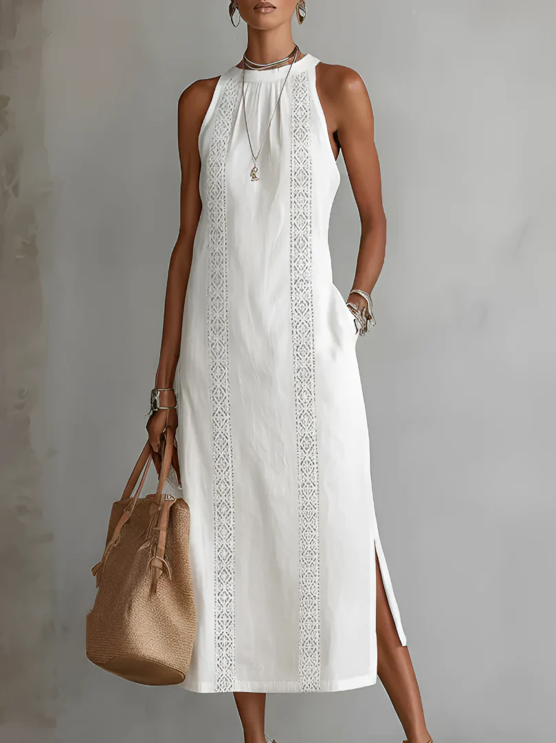 JIMENA | VESTIDO MIDI DE LINO CON CUELLO MAO
