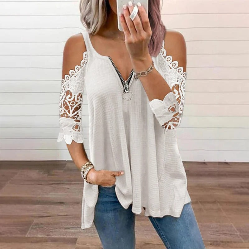 TOP DE ENCAJE PARA MUJER CON HOMBROS DESCUBIERTOS Y CREMALLERA