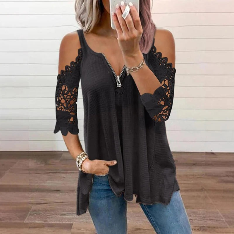 TOP DE ENCAJE PARA MUJER CON HOMBROS DESCUBIERTOS Y CREMALLERA