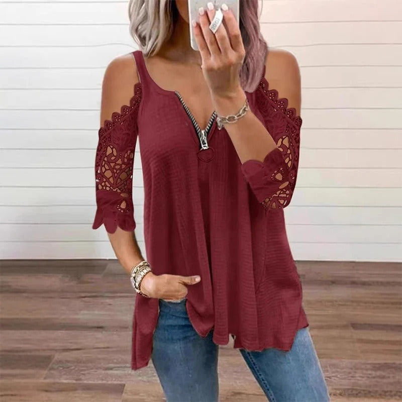 TOP DE ENCAJE PARA MUJER CON HOMBROS DESCUBIERTOS Y CREMALLERA