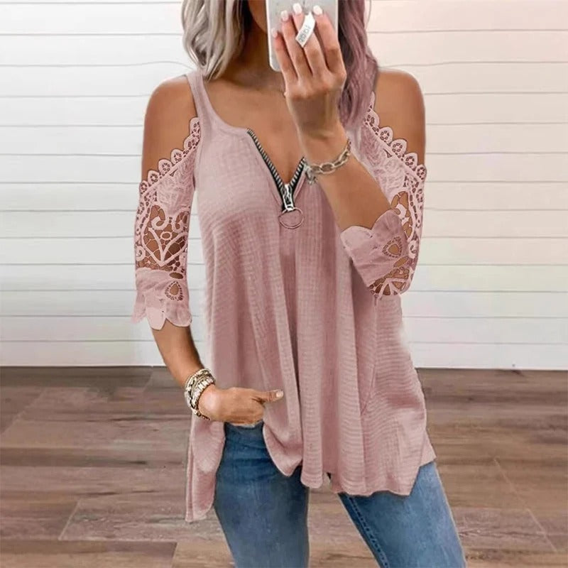 TOP DE ENCAJE PARA MUJER CON HOMBROS DESCUBIERTOS Y CREMALLERA