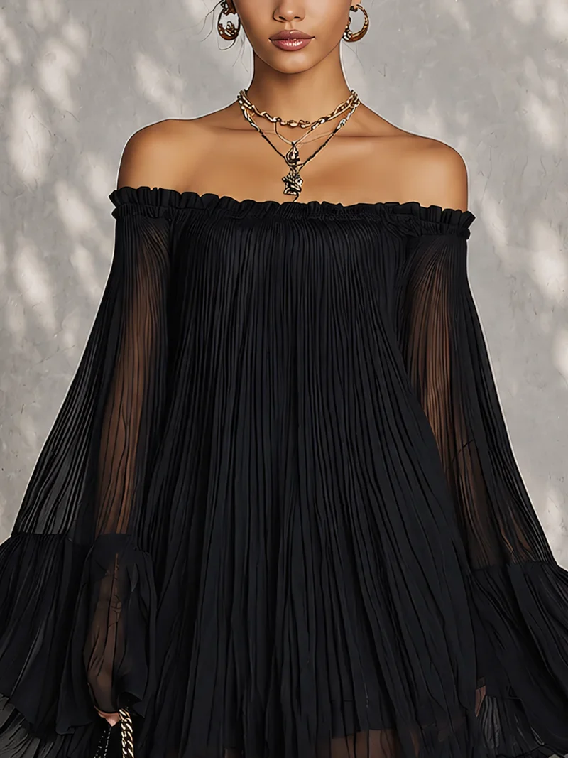 OCEANIA | MINI VESTIDO NEGRO CON MANGAS ACAMPANADAS Y HOMBROS DESCUBIERTOS