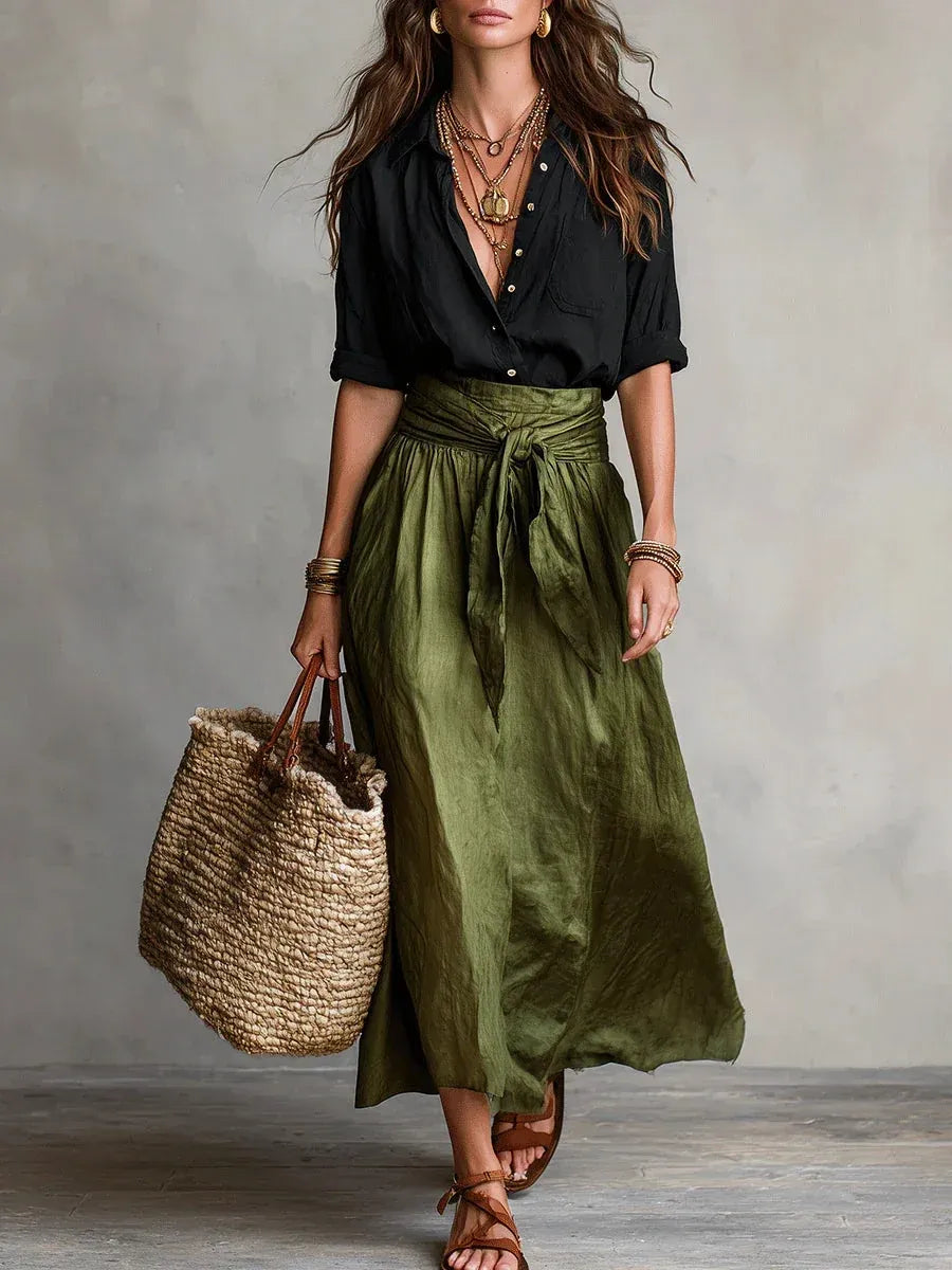VIDA CONJUNTO ELEGANTE DE DOS PIEZAS CON BLUSA NEGRA Y FALDA MIDI