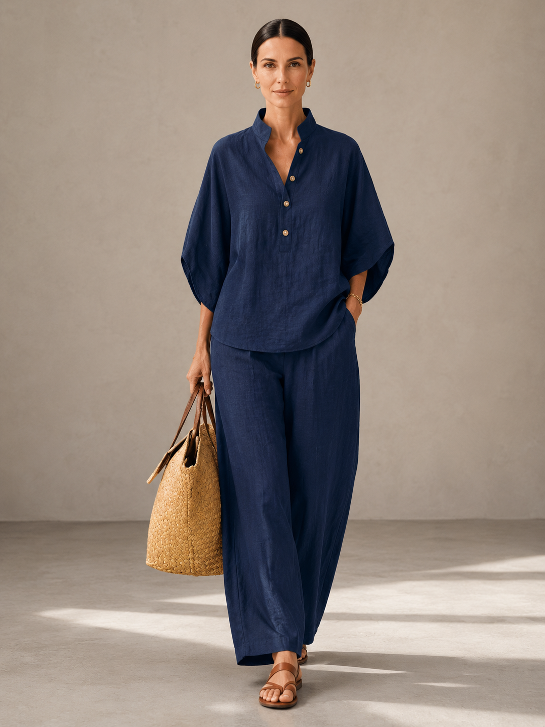MARIBEL | CONJUNTO DE LINO CON MANGAS MURCIÉLAGO Y PANTALÓN ANCHO