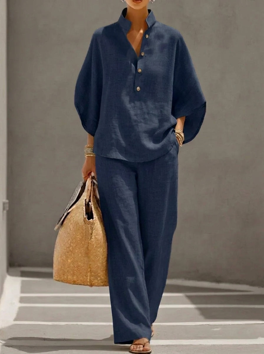 MARIBEL | CONJUNTO DE LINO CON MANGAS MURCIÉLAGO Y PANTALÓN ANCHO
