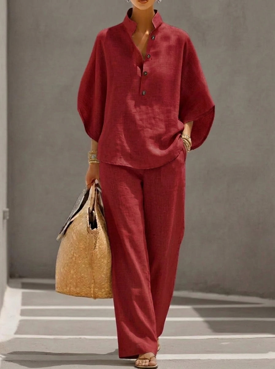 MARIBEL | CONJUNTO DE LINO CON MANGAS MURCIÉLAGO Y PANTALÓN ANCHO