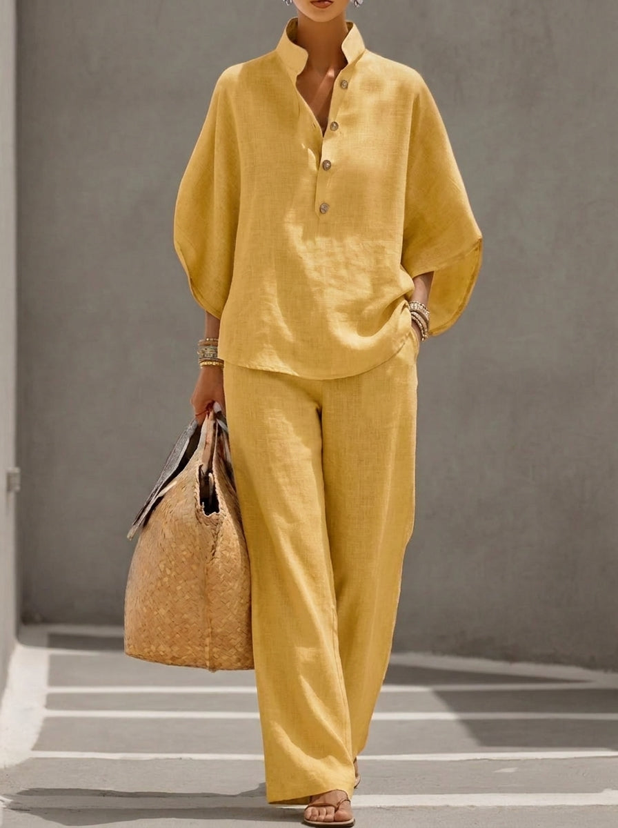 MARIBEL | CONJUNTO DE LINO CON MANGAS MURCIÉLAGO Y PANTALÓN ANCHO