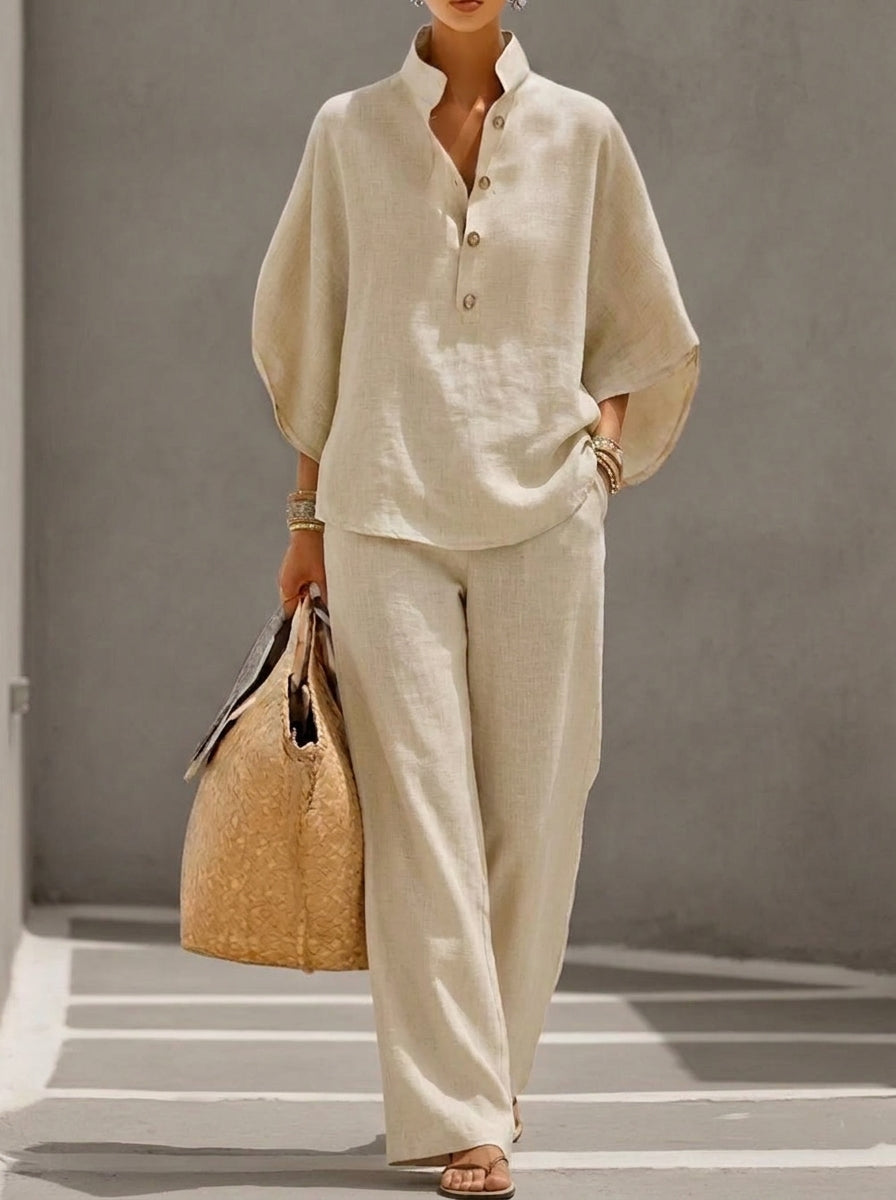 MARIBEL | CONJUNTO DE LINO CON MANGAS MURCIÉLAGO Y PANTALÓN ANCHO